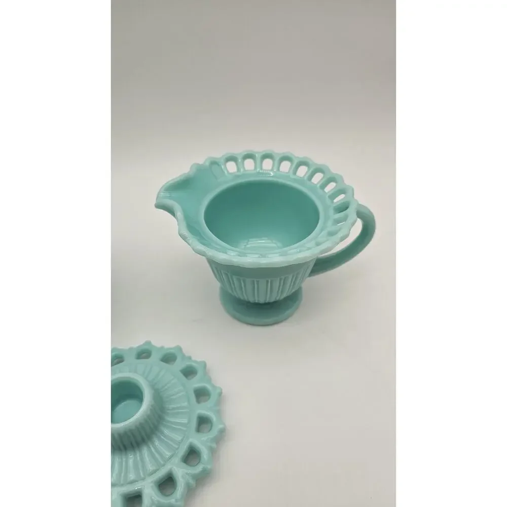 Fostoria Randolph Blue Milk Glass Cream Sugar & Candlestick Holder Set